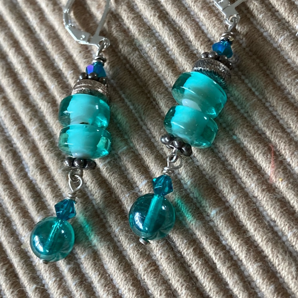 Hawaiian Blue Czech Glass Earrings Swarovski Crystal